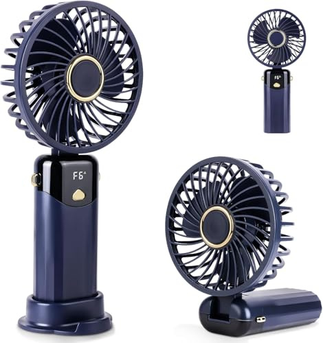 AUAUY Portable Handheld Fan, USB Rechargeable Hand Held Fan with 6 Speeds, Folding Hand Fan with Digital Display, Desktop Fans with Base for Home Office Makeup Bedroom Outdoor Travel
