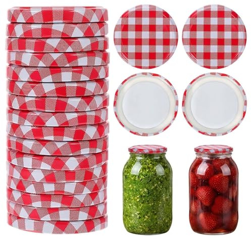 ULTECHNOVO 40 Stück Schraubdeckel TO 63 mm, Rot Weiß Kariert Twist Off Ersatzdeckel für Marmeladengläser & Einmachgläser, Metall Deckel für Sturzgläser Pesto Honig