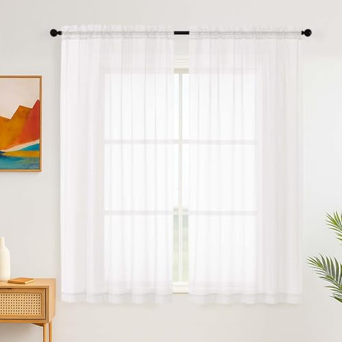 Simplebrand Weiße Transparente Vorhänge für das Schlafzimmer 150 x 163 cm 2 Paneele, Durchsichtige Länge Geeignet für Wohnzimmer Schlafzimmer Küche, Stangentasche, Voile-Vorhänge, Fenster