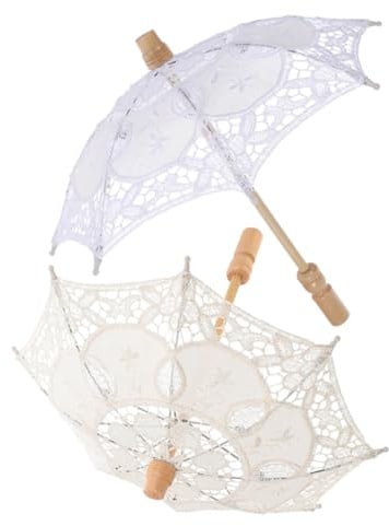 VICASKY 2 Stück Braut Spitzenschirm Vintage Stickerei Baumwollschirm Radius Weiß Beige Hochzeit Fotorequisite Brautzubehör Party Dekoration