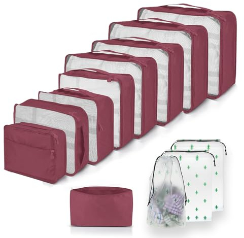 Große Koffer Organizer Set 12-teilig, Wasserdichte Packwürfel, Travel Organizer zum Gepäckpacken, Familienreisen, Aufbewahrung zu Hause Weinrot