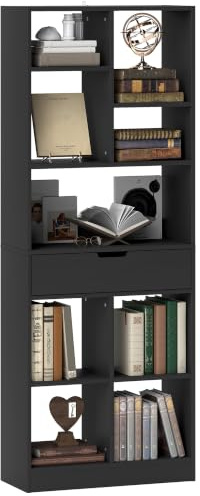 HOMCOM Tall Bookshelf with Drawer, Freestanding Bookcase, Black | Open Shelves, Shelving Unit, Display Rack, Bedroom, Living Room, Home Office