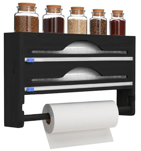 Taylor & Brown Wall Mounted Bamboo Cling Film Dispenser and Cutter with Kitchen Roll Holder, Foil Dispenser Organiser With Paper Holder Compatible with 12'' Rolls or Lower Rolls (Black)