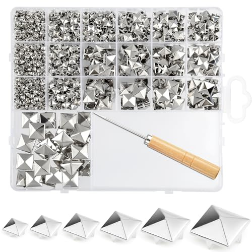 NEBURORA 1170Pcs Square Pyramid Studs 6 Sizes Leather Rivet Kit Silver Metal Four-Pronged Square Studs for Decorating Jackets Shoes Pet Collars Bags