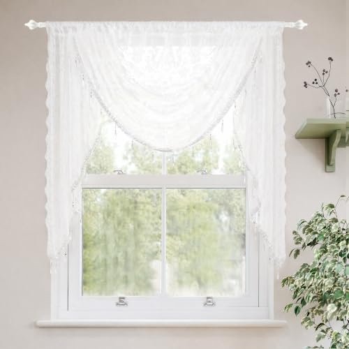 Molaxhome White Lace Window Valance Curtains Swag Victorian Gothic Style | Semi-sheer,Embroidered Floral,Kitchen Curtains,with Tassels,Rod Pocket,for Living Room,Bedroom,W39.4xL41.3 Inch