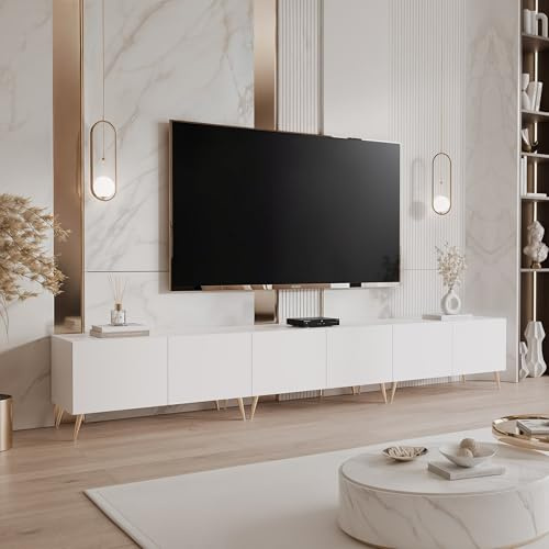IDOHOME TV Lowboard stehend mit LED und 6 Fächern 300 cm Weiß Matt | 300 x 40 x 36 cm, Laminierte Platte, Mehr Stauraum, Push to Open, TV Zubehör, LED Beleuchtung