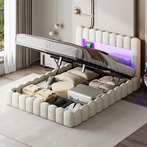 KOOPMAD Bubble Bett 140x200 mit Bettkasten, Polsterbett mit Stauraum, Doppelbett mit LED und USB, Jugendbett 140x200 mit Lattenrost, Hydraulisch Stauraumbett, Boxspringbett, Leinen, Beige