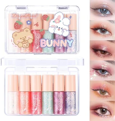Baorder 6Pcs Liquid Glitter Eyeshadow Set,Shimmer Eye Make Up,Long Lasting,Quick Drying & Pigmented Loose Glitter Glue for Crystals,Korean Eyeliner Makeup