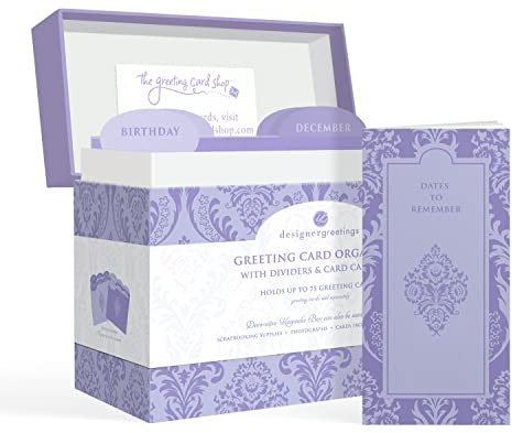 Designer Greetings 711-00005-000 Grußkarten-Organizer-Box mit Trennwänden und Kalender, dekoratives Lavendel-Damast-Muster (24,1 x 18,4 x 15,2 cm, für bis zu 75 Grußkarten), Violett - groß
