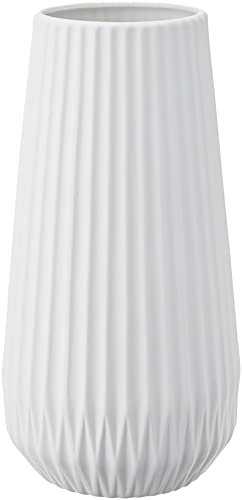 Bloomingville, Mattweiße, runde Steingut-Vase mit geprägten Linien