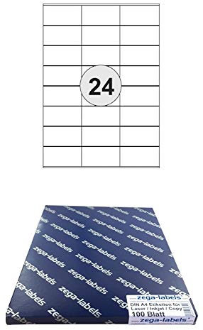 zega-labels 2.400 Etiketten 70 x 36 mm selbstklebend auf DIN A4 Bögen - 100 Blatt Pack - Universell für Laser/Inkjet/Kopierer einsetzbar - 70x36mm 24-teilig