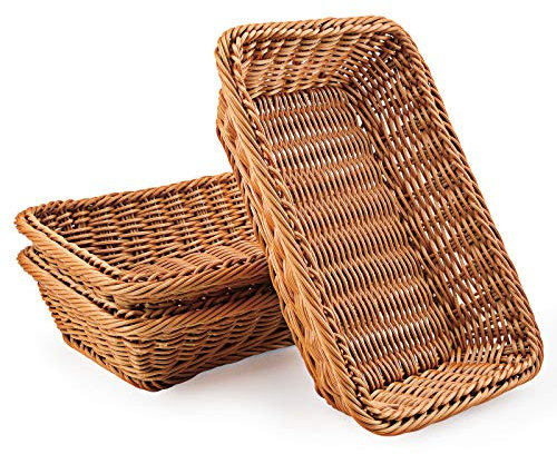 WANDIC Woven Basket, Set of 3 Poly-Wicker Bread Storage Poly-Wicker Baskets for Food Fruit Vegetables Serving Restaurant Home Kitchen