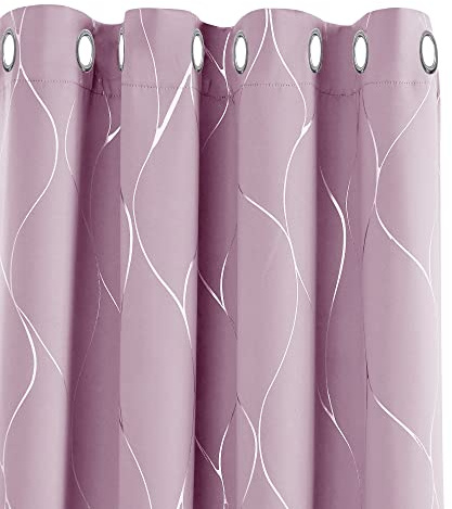 Deconovo Silver Wave Foil Printed Blackout Curtains, Eyelet Curtains, Thermal Insulated Curtains for Girls Bedroom, 66 x 54 Inch(Width x Length), Baby Pink, 2 Panels