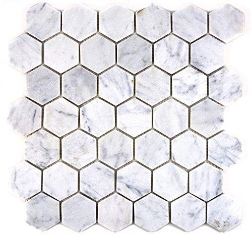 Mosaik Fliese Marmor Naturstein Hexagon Marmor weiß Carrara Optik für WAND BAD DUSCHE KÜCHE FLIESENSPIEGEL THEKENVERKLEIDUNG BADEWANNENVERKLEIDUNG Mosaikmatte Mosaikplatte | 10 Mosaikmatten