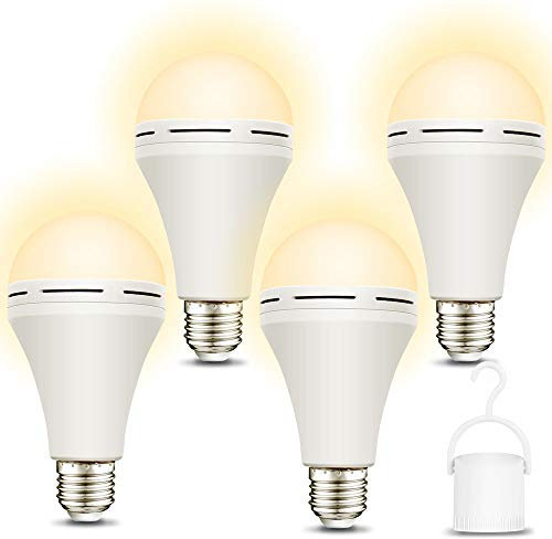 4 Pack Emergency-Light-Bulb-Rechargeable, 3000K Soft White LED Light Bulbs with Battery Backup, Stay Lighting When Power Failure, 1200mAh 15W 80W Equivalent LED Light Bulb for Home Emergency Lighting