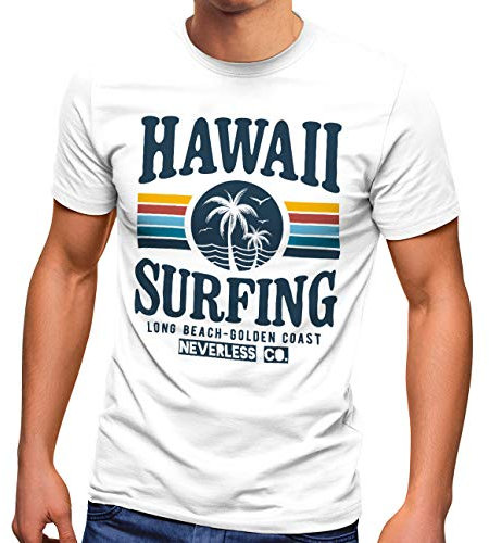 Neverless® Herren T-Shirt Hawaii Surfing Sommer Strand Palme Print Fashion Streetstyle weiß L