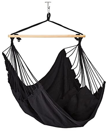 Relaxdays Hängesessel Baumwolle, Hängeschaukel mit 2 Kissen, bis 120 kg, Indoor & Outdoor, Kinder & Erwachsene, schwarz