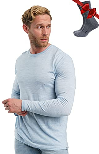100% Merino Langarmshirt Herren - Merino Unterwäsche Herren + Wollsocken | Atmungsaktive, Geruchshemmend, Schnelltrocknend Merino Shirt Herren, Ganzjahres-Baselayer, Thermooberteil Sport & Wandern