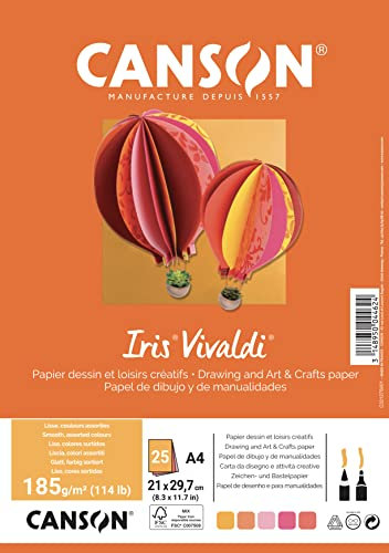 Canson Iris Vivaldi Farbpapier DIN A4, 185 g/m², 25 Blatt, sortiert in 5 Farben - gelb, pink. rot