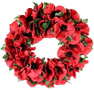 UK-Gardens 36cm Poppy Artificial Wreath - 14 Remembrance Day Hanging Decoration - Commemorative Red Poppies On A Round Plastic Frame With A Hanging Hole For Your Front Door