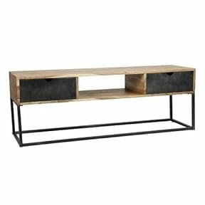 L'Héritier Du Temps Meuble TV Catch Hinsk 2 Tiroirs 1 Niche Console de Salon en Bois d'Acacia et Métal 40x50x140cm