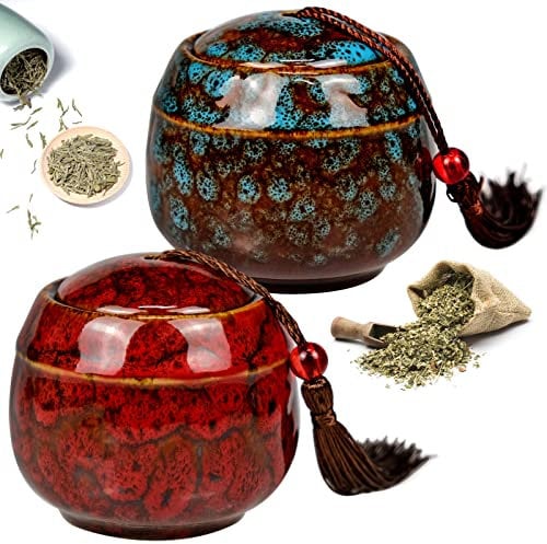 Bakiauli 2-Piece Ceramic Tea Jars, Vintage Chinese Style Storage Jars with Tassel, 70ml Canister for Kitchen Tea, Coffee, Spices or Sugar