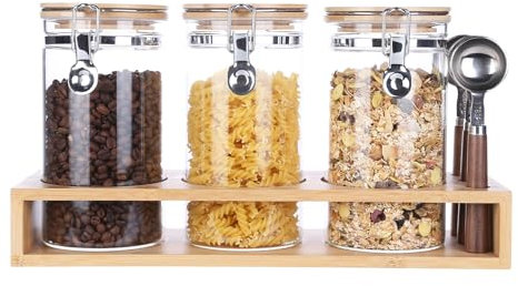 KKC HOME ACCENTS Glass Canisters with Airtight Hinged Lids and Scoops,Sealed Glass Storage Jar Containers for Coffee Beans,Loose Leaf Tea,Sugar,Ground Coffee,Matcha,Bamboo Lid Airtight Jars