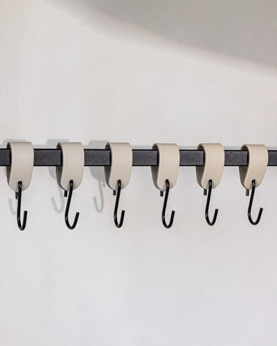 Metallbude Kleiderhaken S-HAKEN - 6er Set in Beige/Schwarz - Modernes Design - Garderobenhaken aus Hochwertiger Lederschlaufe & Stahl - 10 cm