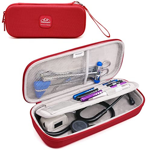 PROHAPI Harte Stethoskophülle, Große Stethoskop-Tragetasche mit Ausweisfach, Kompatibel mit 3M Littmann/ADC/Omron/MDF Stethoskop Inklusive Netztasche für Krankenschwesterzubehör (Feuerrot)
