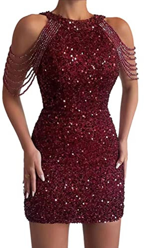 Minetom Damen Pailletten Kleid Ärmellos Partykleid Bleistiftkleid Abendkleider Rockabilly Cocktail Festlich Hochzeit Mini Kleid A Rot XL
