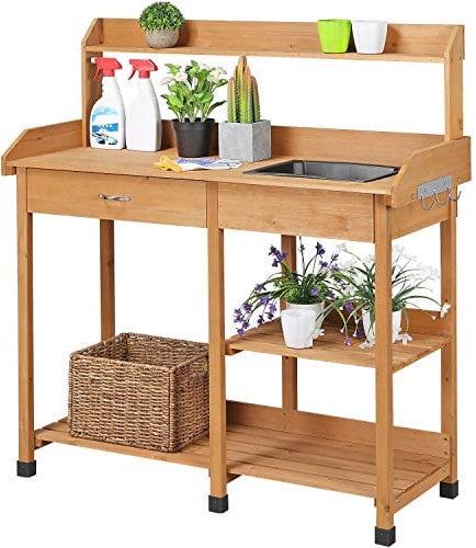 Yaheetech Garden Potting Table Wood Potting Bench Removable Sink Drawer Planting Germination Workstation w/Open Shelves & Side Hooks for Patio Balcony Yard Lawn