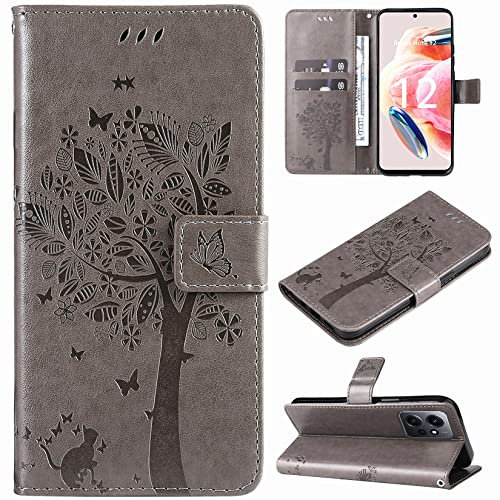 Hancda Coque pour Xiaomi Redmi Note 12 4G, Etui Housse Coque en Cuir avec Motif Porte Carte Portefeuille à Rabat Magnétique Support Flip Case Cover Antichoc Coque pour Xiaomi Redmi Note 12 4G,Gris