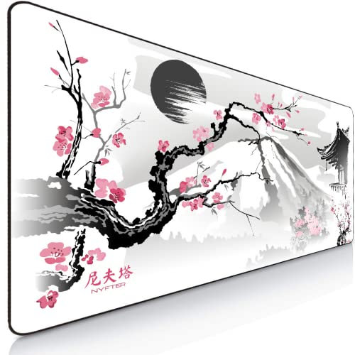 Nyfter - 3XL Gaming Mauspad Sakura Weiß 1200 x 600mm Premium Fuji Mousepad Size Groß vernähte Kanten langlebig mit high-end Glide und Anti-Rutsch Speed Gaming Mauspad