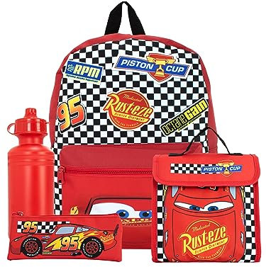 Disney Cars Ensemble de Sac à Dos 4 pièces | Lightning McQueen Sac à Dos Trousse Bouteille d'eau et Sac à déjeuner | Sacs à Dos pour Enfants pour l'école et Les Aventures