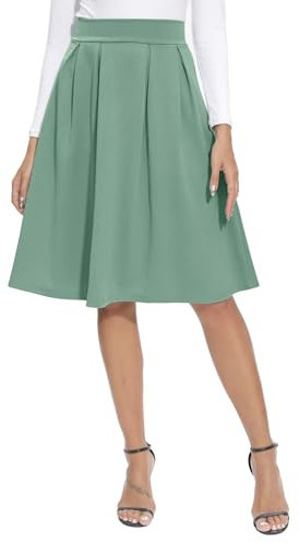 REORIA Damen Rock Faltenrock Klassischer Einfarbiger Plisseerock Knielanges Skirt Röcke Strickrock Tennisrock Grau Grün L