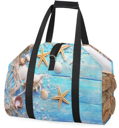 Starfish Shells Net Wooden Background Firewood Log Carrier with Handle, Large Capacity Firewood Storage Bag Wood Carrying Tote Bag Fireplace Wood Stove Accessories Holder for Fireplace Camping BBQ