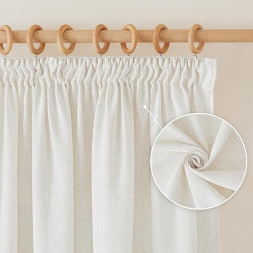 PONY DANCE Wohnzimmer Gardinen Leinenoptik Halbtransparente Vorhänge mit Kräuselband 2er Set H 220 x B 140 cm Creme, Boho Style Linen Curtains with Rail Hooks Leinenvorhang