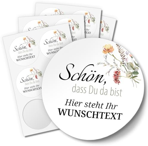 Einladungskarten Manufaktur Hamburg 24 PERSONALISIERTE Aufkleber Schön dass Du da bist individualisiert anpassbar mit Ihrem Wunschtext Etiketten rund 4cm, Boho Blumen Floral