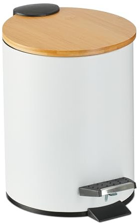 Relaxdays Mülleimer Bad, 3 l, Kosmetikeimer Absenkautomatik, Bambusdeckel, entnehmbarer Inneneimer, Treteimer, weiß