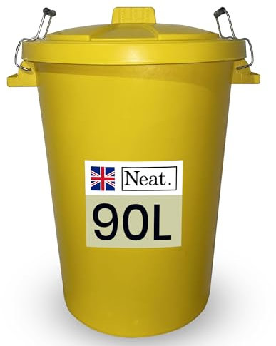 Neat. 90L Bin Coloured Large Plastic Bins, Heavy Duty Kitchen Bin with Metal Handle, Dustbin with Lid For Easy Refusal Garden Bin Indoor Outdoor Rubbish Waste or Storage of Animal Feed, Yellow-1Pack