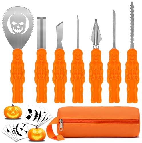 COOLUCK Kürbis Schnitzset mit Vorlagen - 7 Stück Halloween Schnitzwerkzeug Kürbis Carving Set mit Tragetasche und 10 Stück Schnitzvorlagen, DIY Kürbis Schnitzen Tool für Erwachsene und Kinder