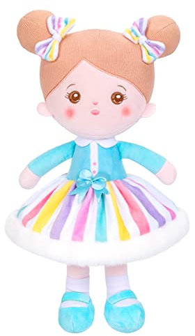 OUOZZZ Baby Puppe, Weiche Stoffpuppe mit Regenbogen Kleid, Stoffpuppen Kuschelpuppe für Kinder ab 3 Monaten - Baby Geschenk zur Geburt Mädchen Jungen, 38cm