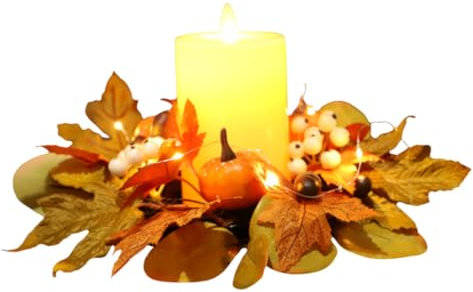 Herbstkerzenringe 12 Zoll Herbst Kerzekranz mit LED -Schnur leichte Ahornblätter und Beeren Thanksgiving Kerzenhalter für Halloween Hochzeit Herzstück Tür Thanksgiving Dekor ohne Batterry