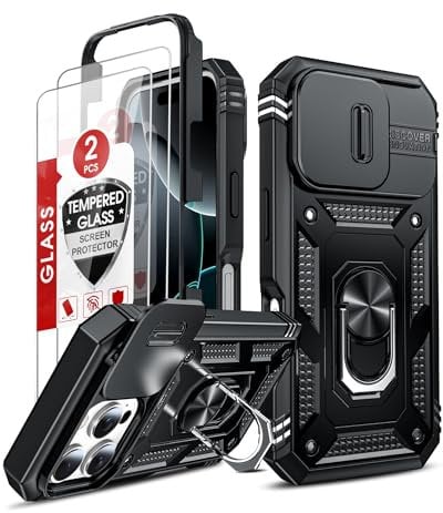 LeYi for iPhone 16 Pro Max Case with Camera Cover Slider, Full Body Armour Shockproof Phone Cover | 2 Pack Tempered Glass Screen Protector | Ring Stand Holder for iPhone 16 Pro Max Black
