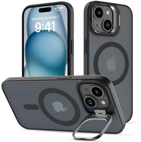 nicekool Hülle für iPhone 15 mit Ständer, Kompatibel mit Magsafe Integrierter Versteck Kameraständer Handyhülle Stoßfest Schutzhülle Cover Durchscheinend Matt Schutzhülle Case, Schwarz