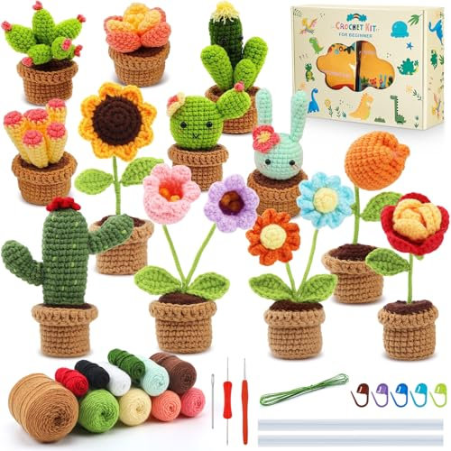 HunnmingRe 12-teiliges Häkel-Anfänger-Set, Sukkulenten-Häkelset für Anfänger mit Häkelzubehör und Video-Tutorials, Geburtstags- und Weihnachtsgeschenk