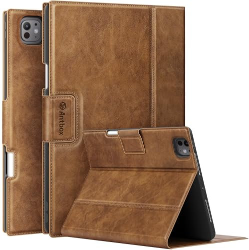 Antbox for iPad Pro 11 Inch Case 2024 M4, Premium Vegan Leather, Fully Supports Pencil Pro and Pencil (USB-C), Auto Sleep/Wake Function, Built-in Pencil Holder iPad Pro 2024 11'' Case (Brown)