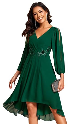 Ever-Pretty Vestido de Invitada Boda con Cuello en V para Mujer Vestido de Manga Larga con Apliques Verde Oscuro 38