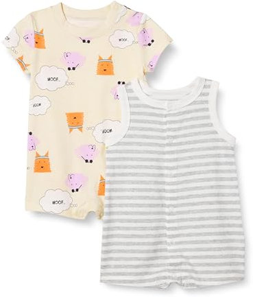 Amazon Essentials Ensemble De Combinaisons Sans Manches Et Manches Courtes Mixte Bébé, Lot de 2, Beige Chiens/Chiné Rayures, 12 mois