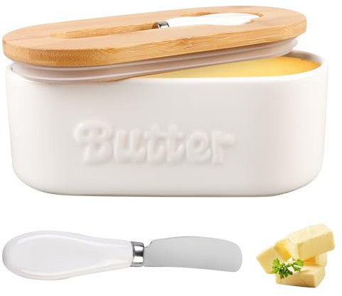 Beurrier avec couvercle en bois, 500 ml, en céramique, avec couteau à beurre, en porcelaine, avec lèvre d'étanchéité en silicone, multifonction, pour tous les types de beurre, blanc